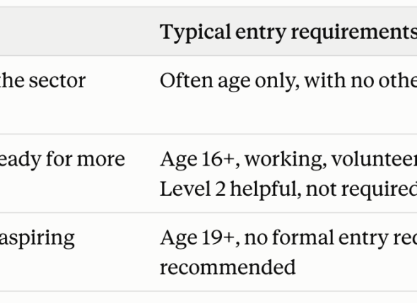 a table showing the ncfe cache course requirements
