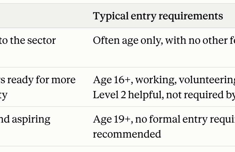 a table showing the ncfe cache course requirements